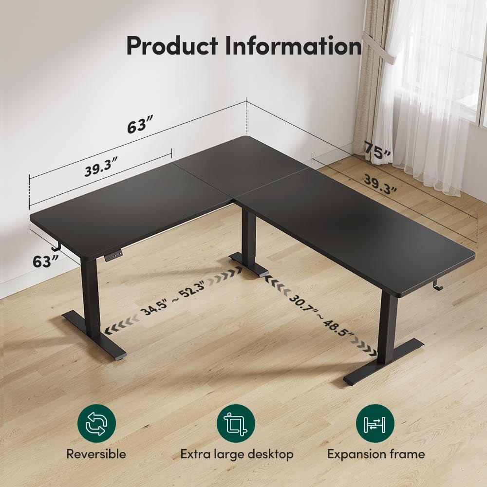 L Shaped Standing Desk 75x63 Electric Height Adjustable