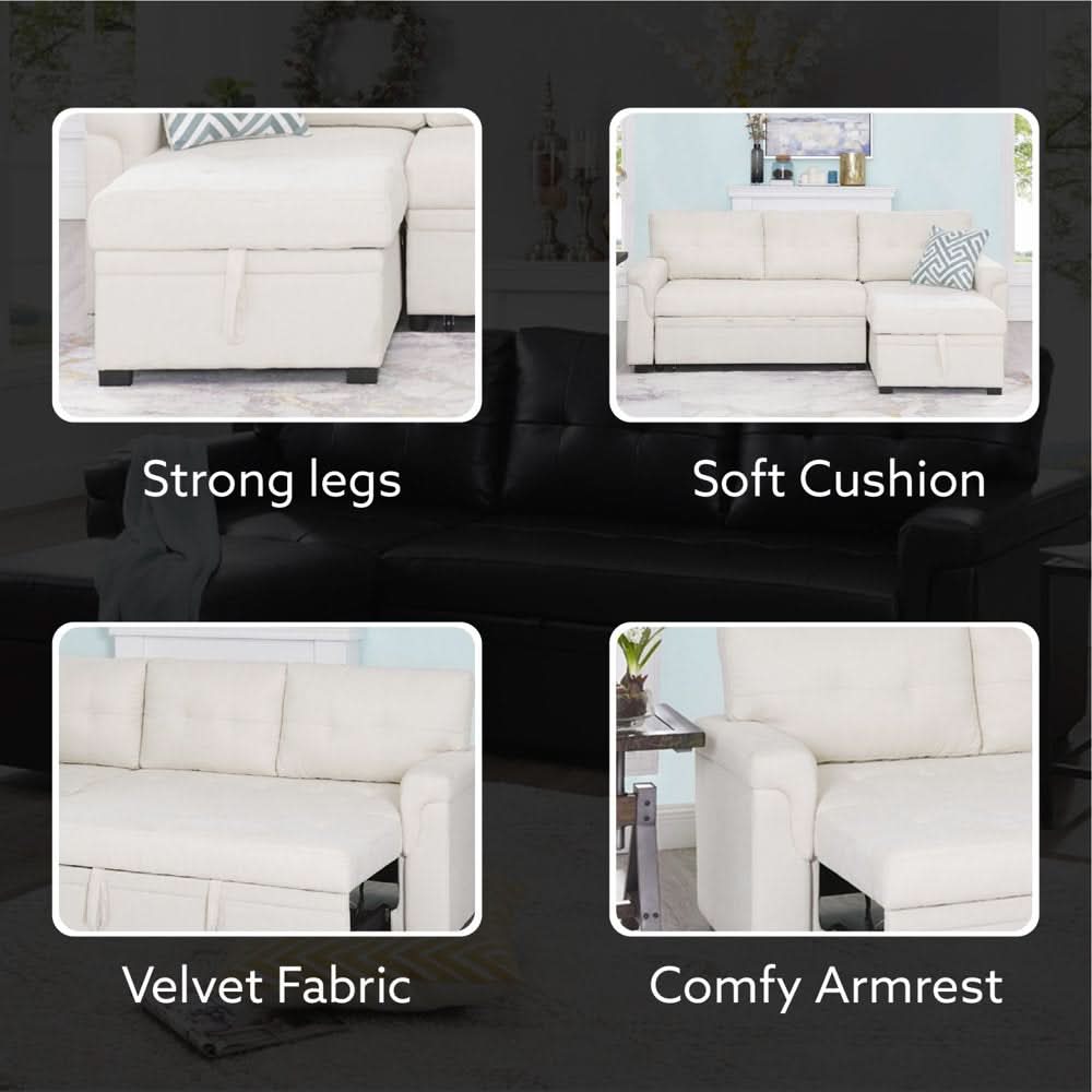 L-Shaped Velvet Sleeper Sectional With Hidden Storage