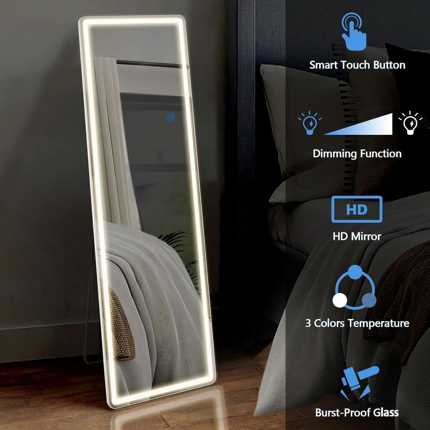 LED 20x63 Full Length Mirror With 3 Color Lights For Bedroom