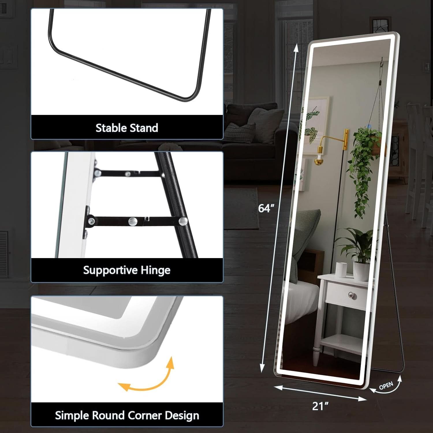 LED 20x63 Full Length Mirror With 3 Color Lights For Bedroom