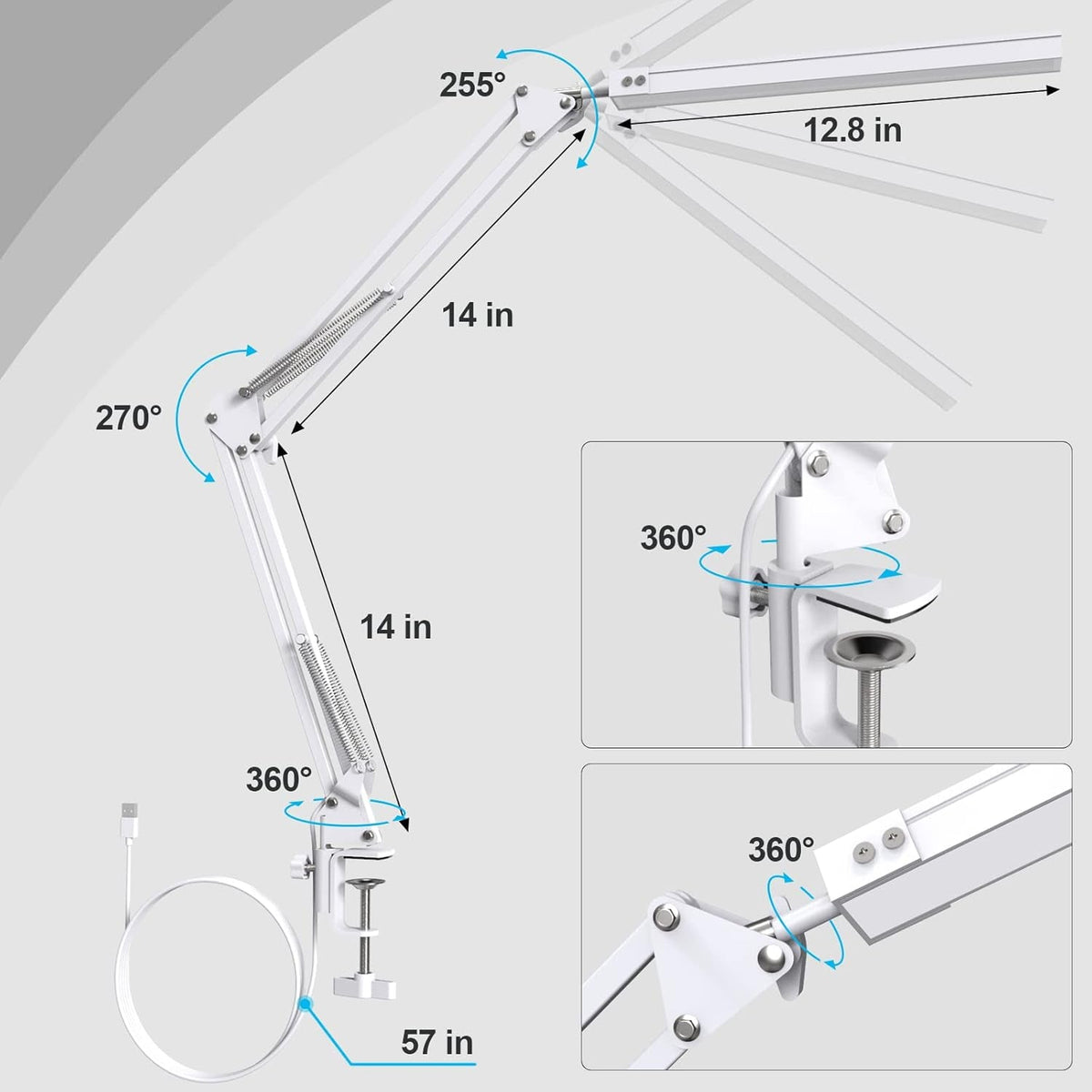 LED Desk Lamp With Clamp And Swing Arm White 3 Color Modes