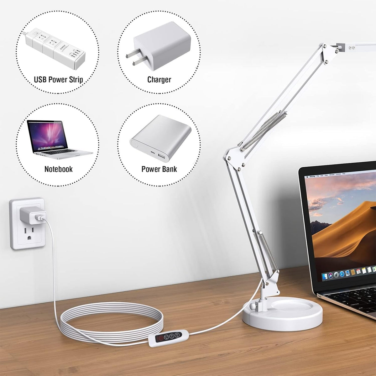 LED Desk Lamp With Clamp And Swing Arm White 3 Color Modes