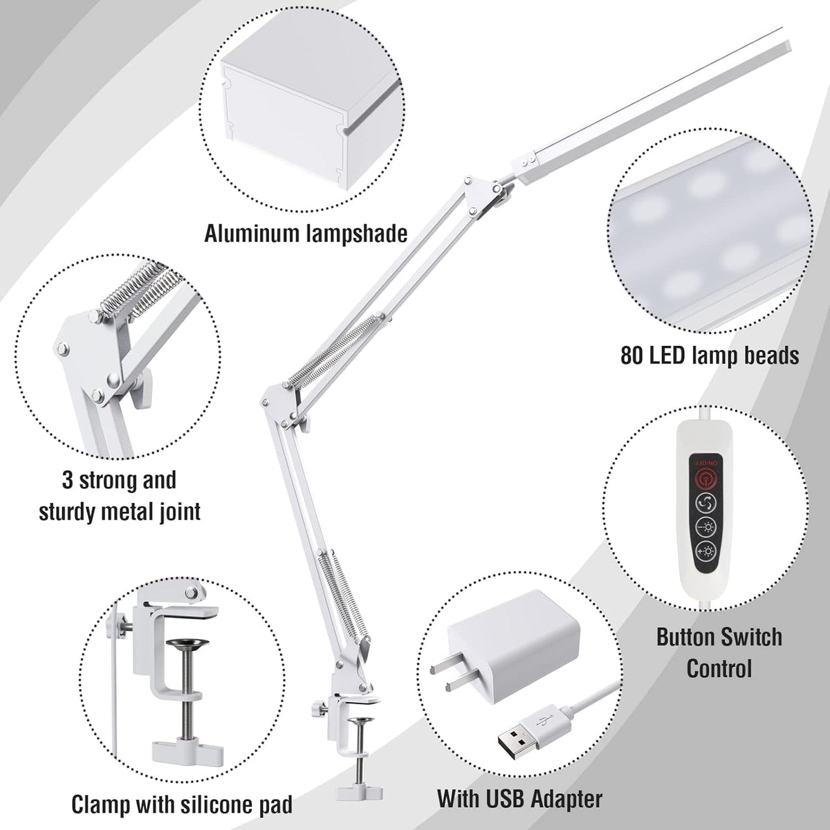 LED Desk Lamp With Clamp And Swing Arm White 3 Color Modes