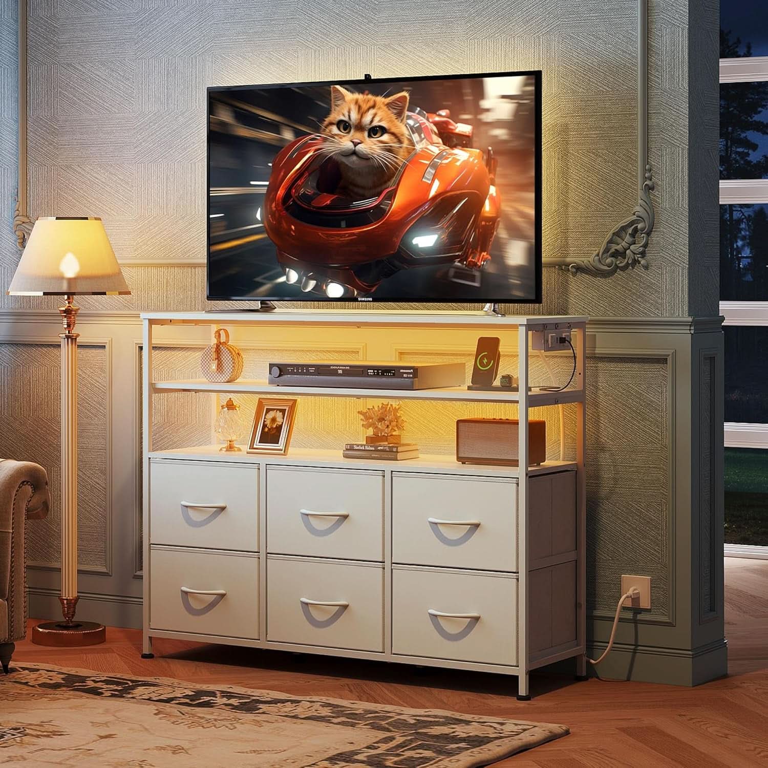 LED Dresser TV Stand White With LED Lights And 6 Drawers