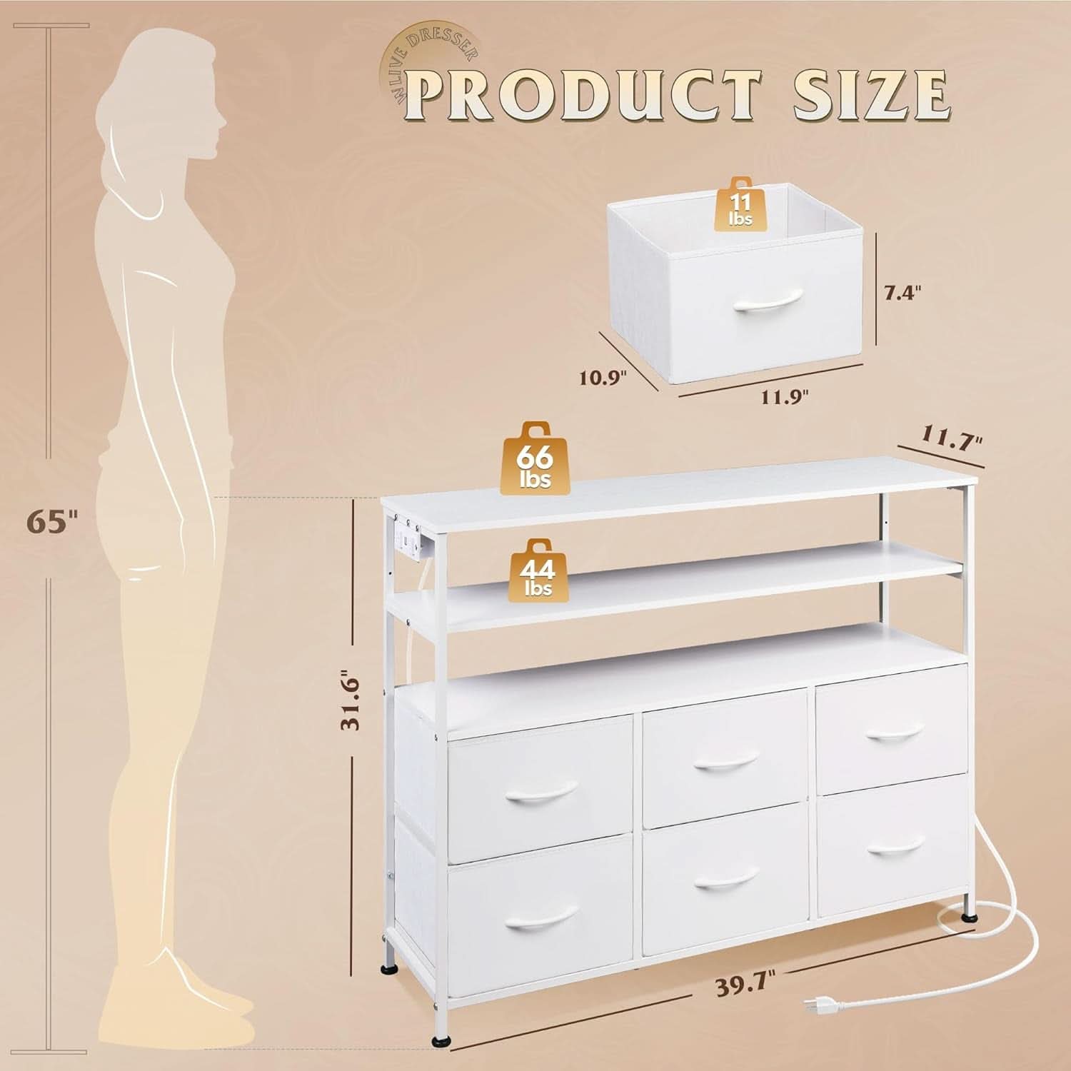 LED Dresser TV Stand White With LED Lights And 6 Drawers