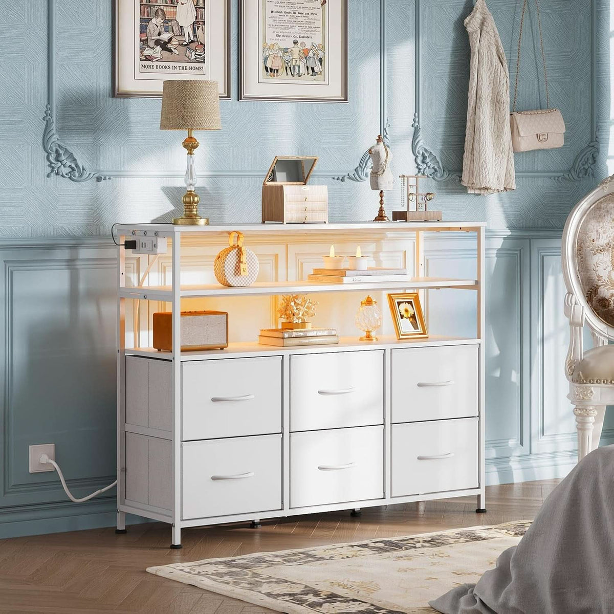 LED Dresser TV Stand White With LED Lights And 6 Drawers