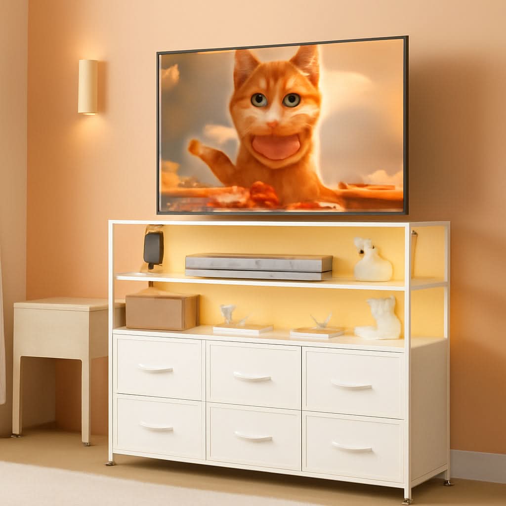LED Dresser TV Stand White With LED Lights And 6 Drawers