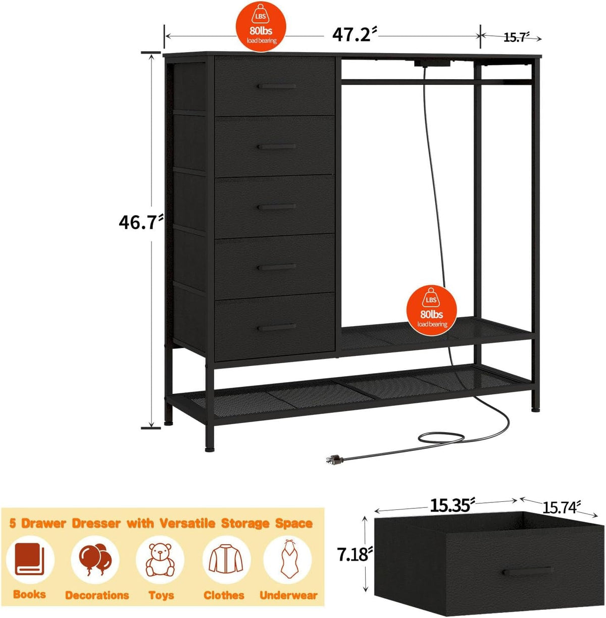 LED Dresser With Rack And Charging 5 Drawers Black
