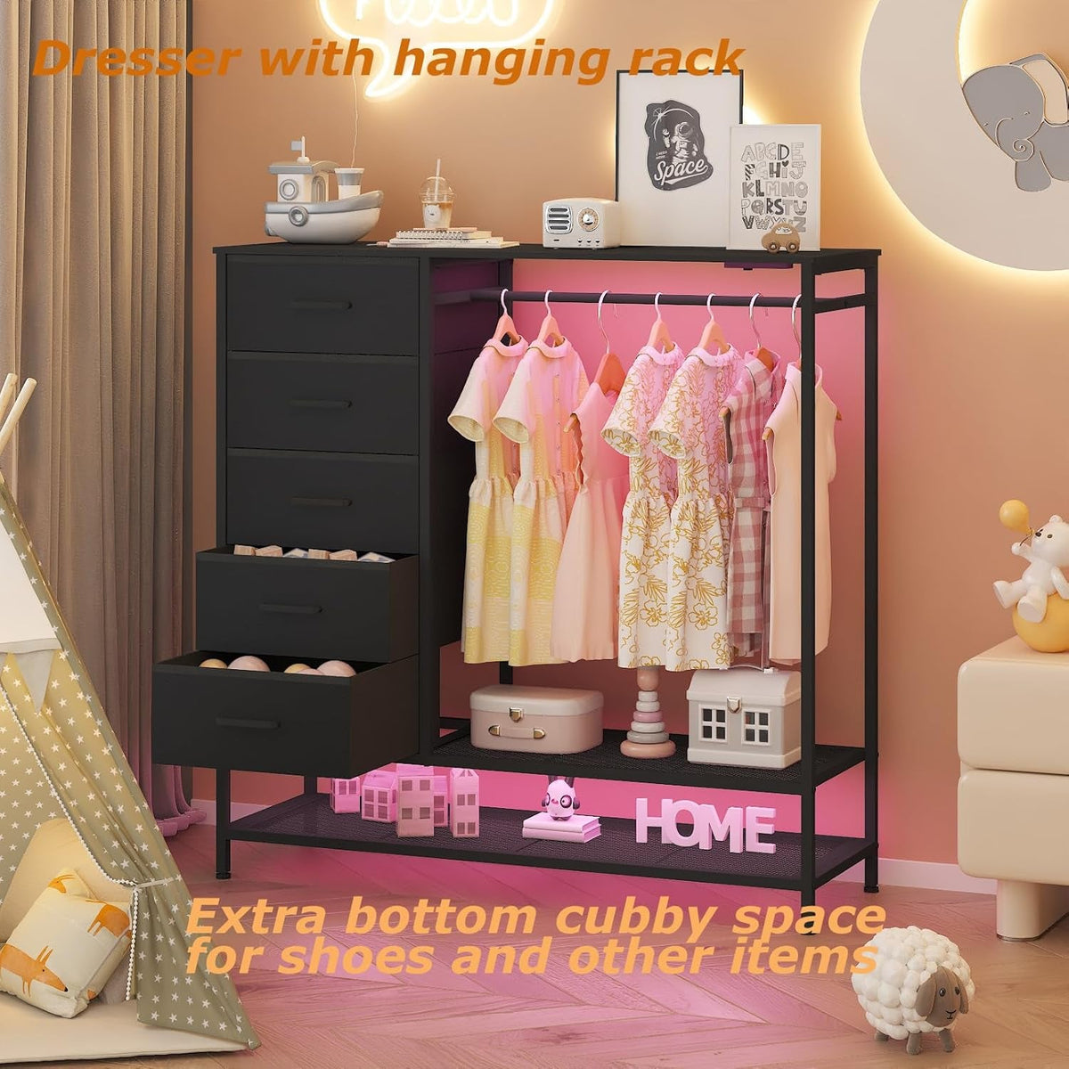 LED Dresser With Rack And Charging 5 Drawers Black