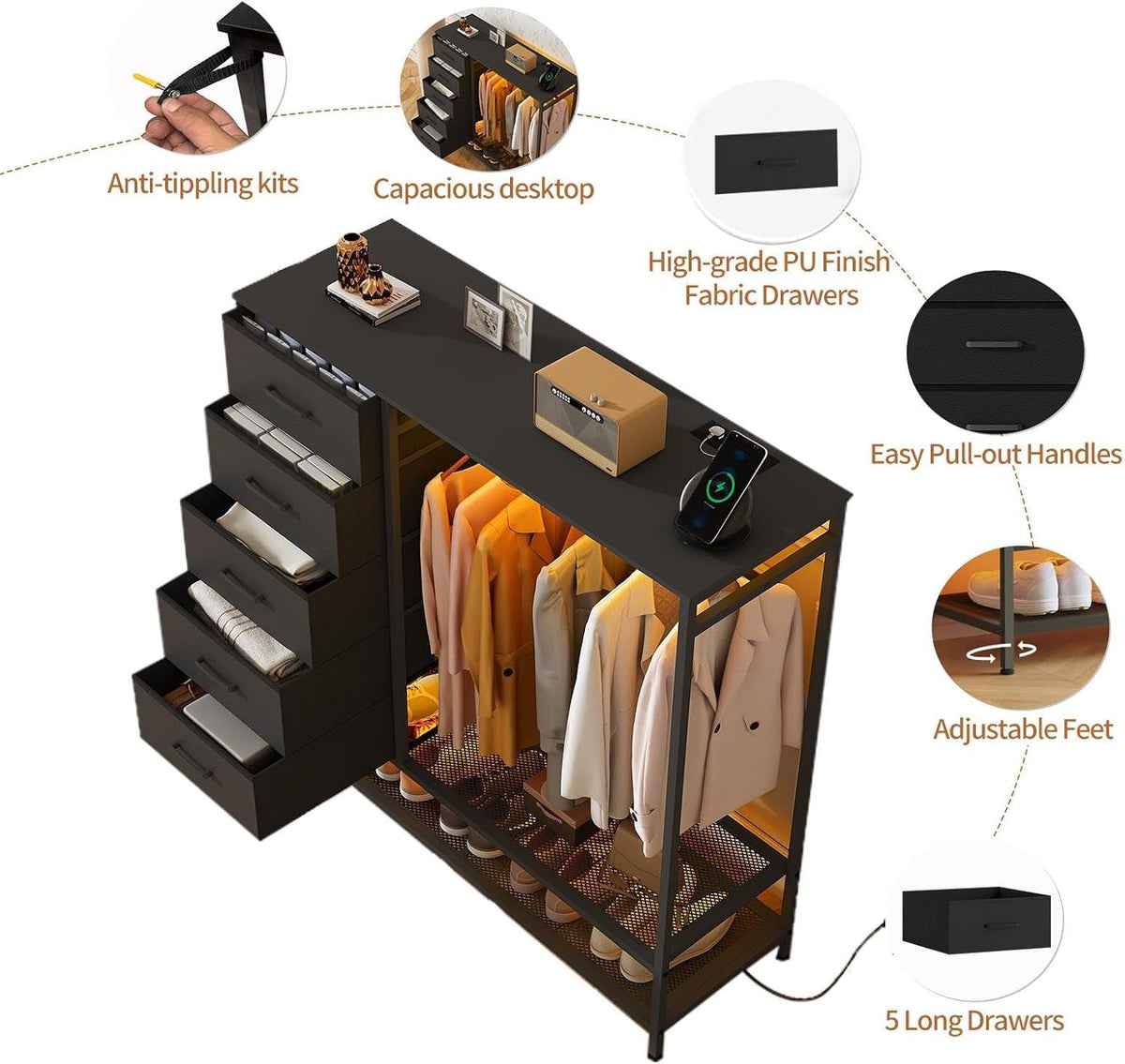 LED Dresser With Rack And Charging 5 Drawers Black