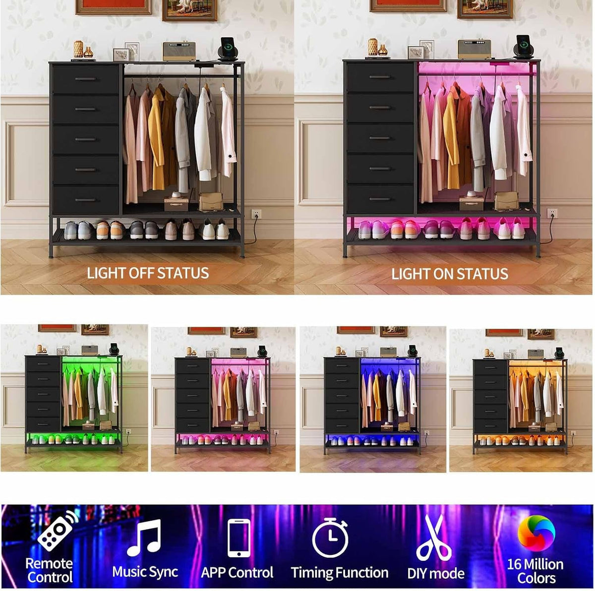 LED Dresser With Rack And Charging 5 Drawers Black