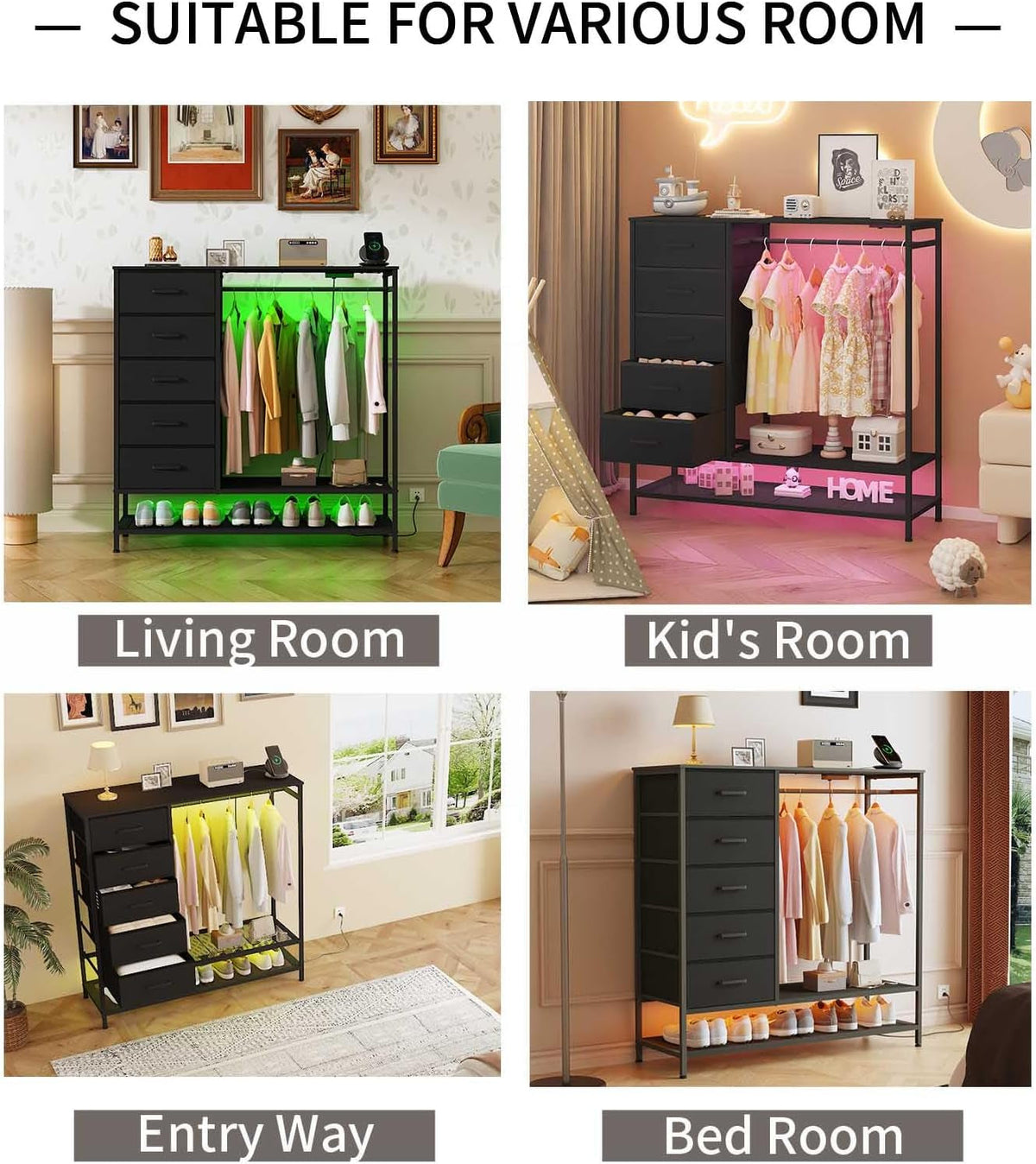 LED Dresser With Rack And Charging 5 Drawers Black