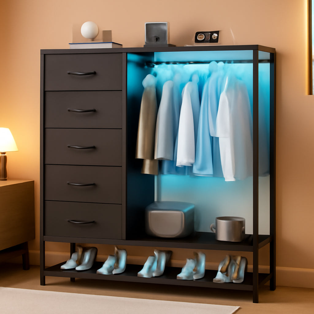LED Dresser With Rack And Charging 5 Drawers Black