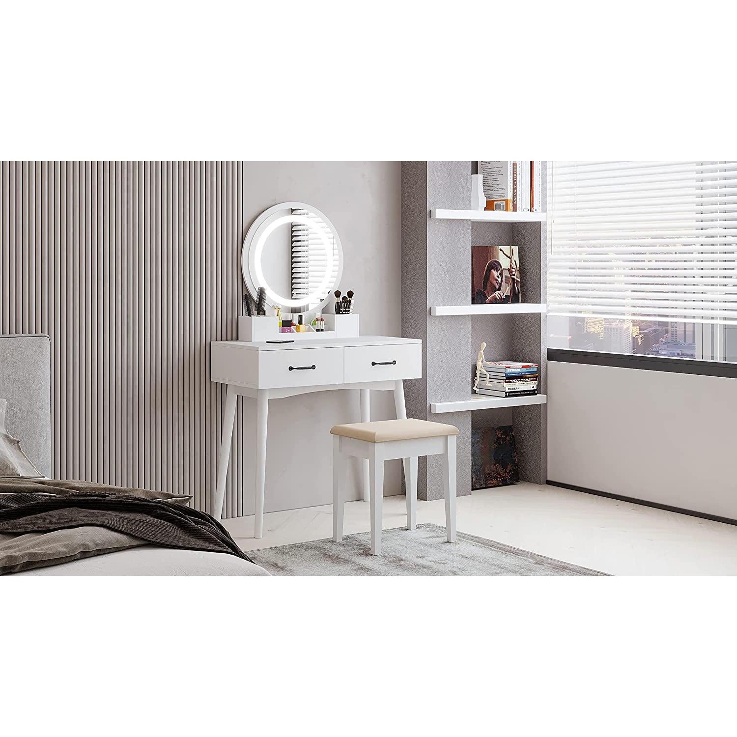 LED Lighted Makeup Vanity Set With Mirror And 3 Color LEDs