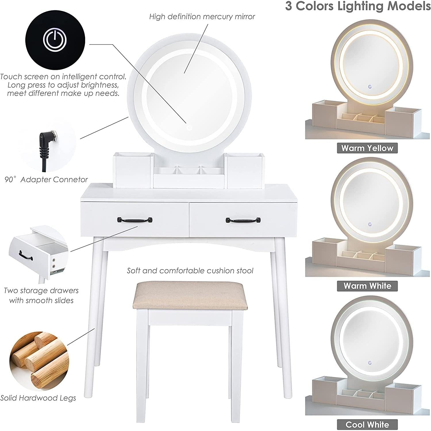 LED Lighted Makeup Vanity Set With Mirror And 3 Color LEDs