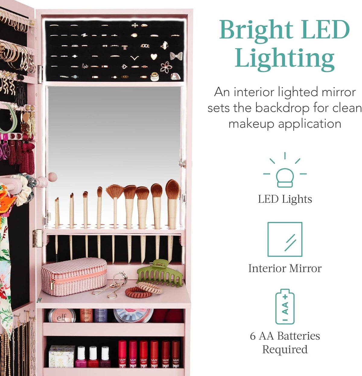 LED Mirror Jewelry Cabinet Dusty Pink Lockable Wall Mount With Drawers
