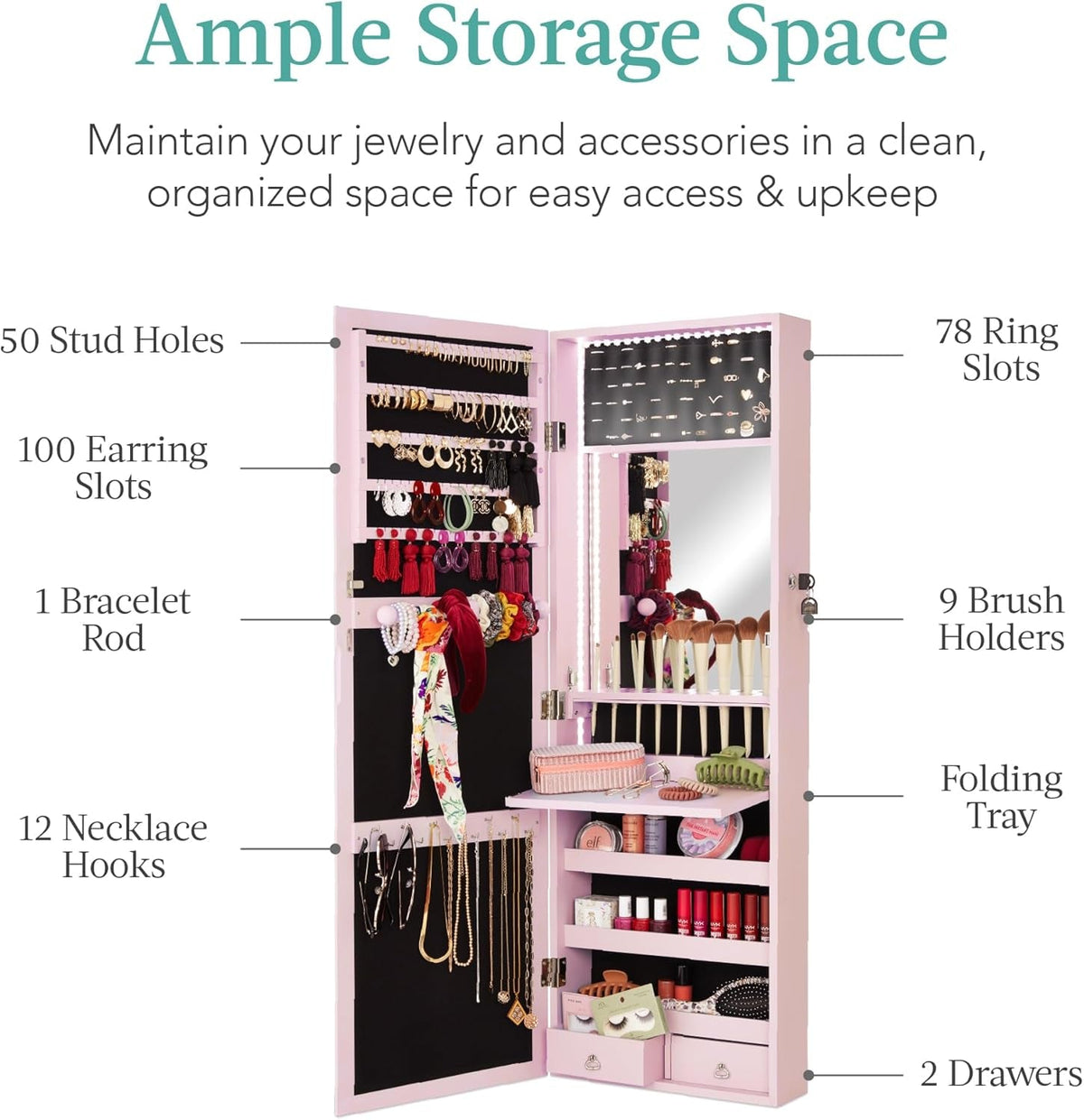 LED Mirror Jewelry Cabinet Dusty Pink Lockable Wall Mount With Drawers