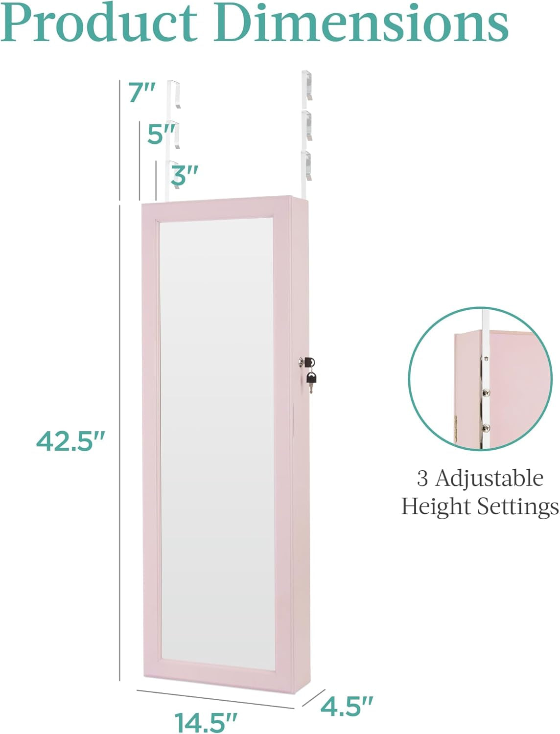 LED Mirror Jewelry Cabinet Dusty Pink Lockable Wall Mount With Drawers
