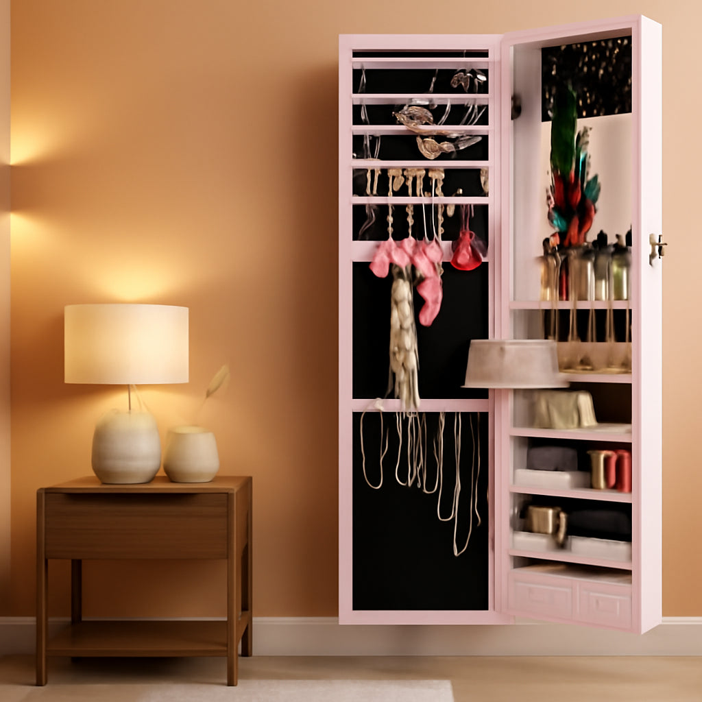 LED Mirror Jewelry Cabinet Dusty Pink Lockable Wall Mount With Drawers