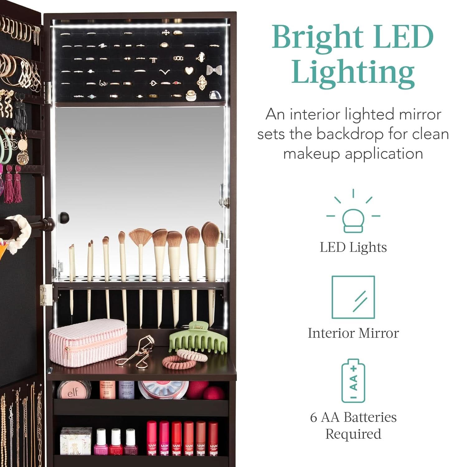 LED Mirror Jewelry Cabinet Lockable Espresso Armoire