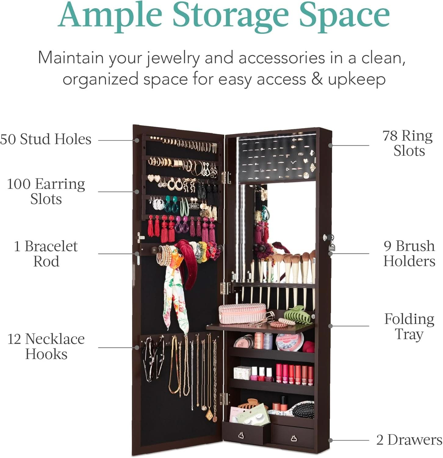 LED Mirror Jewelry Cabinet Lockable Espresso Armoire