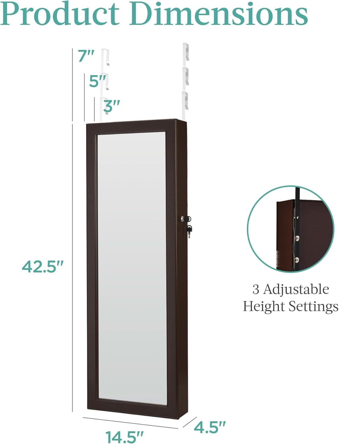 LED Mirror Jewelry Cabinet Lockable Espresso Armoire