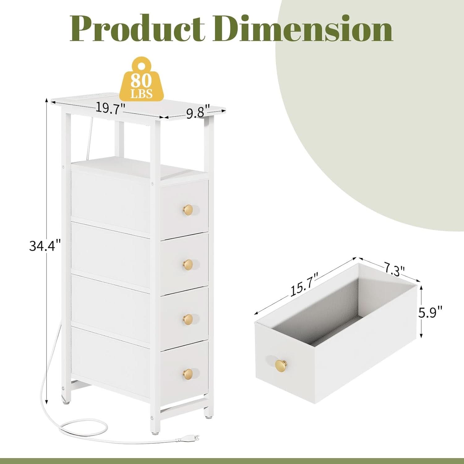 LED Narrow Nightstand With Wireless Charging White