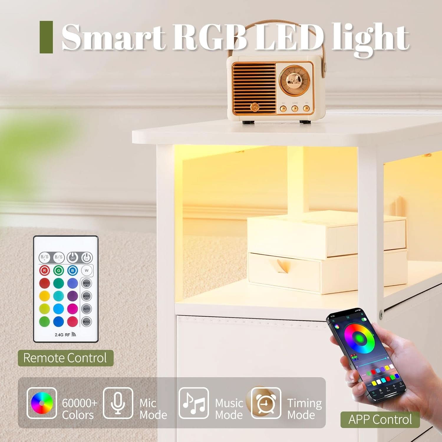 LED Narrow Nightstand With Wireless Charging White