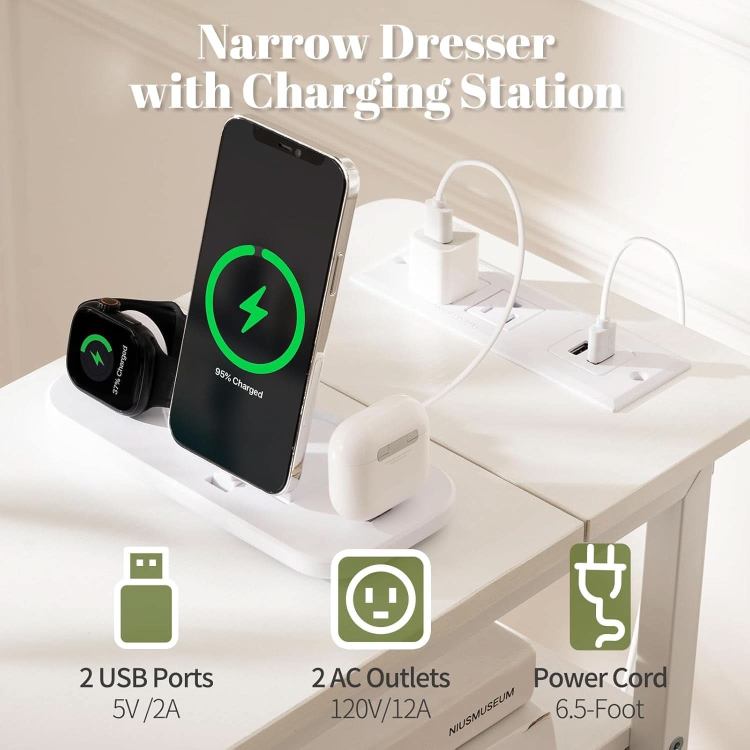 LED Narrow Nightstand With Wireless Charging White