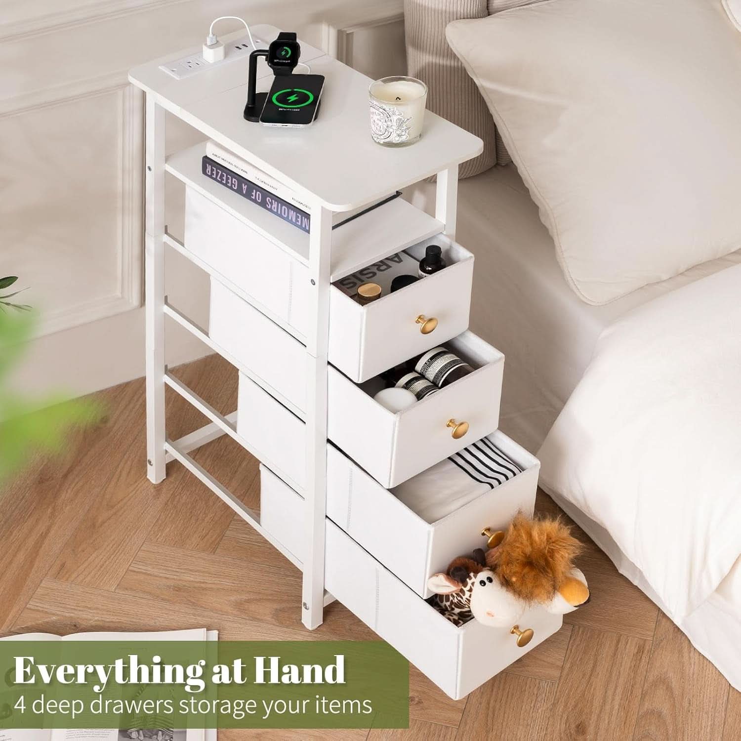 LED Narrow Nightstand With Wireless Charging White