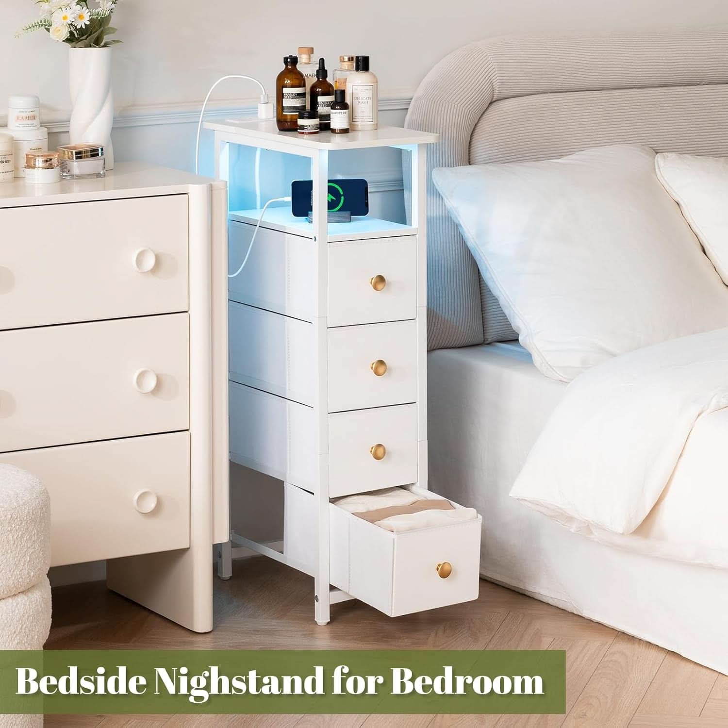 LED Narrow Nightstand With Wireless Charging White