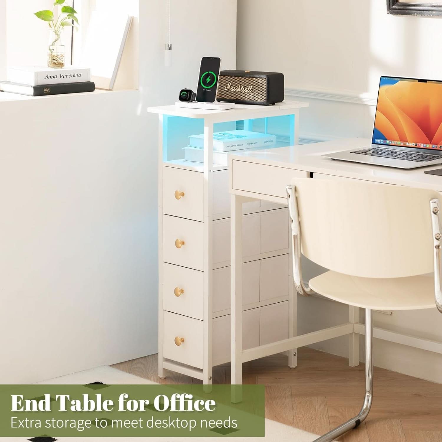 LED Narrow Nightstand With Wireless Charging White