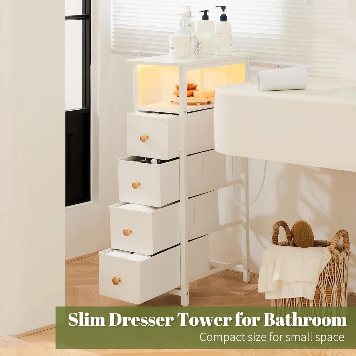 LED Narrow Nightstand With Wireless Charging White