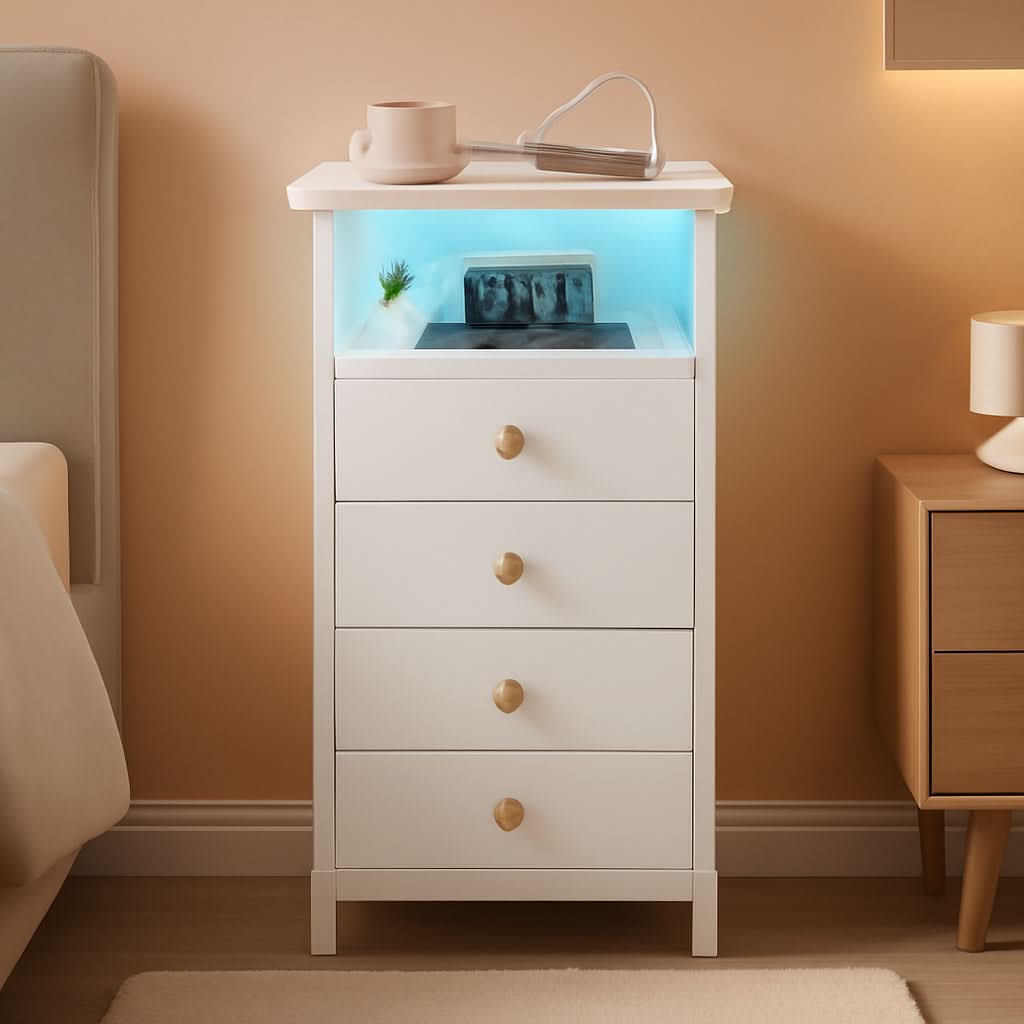 LED Narrow Nightstand With Wireless Charging White