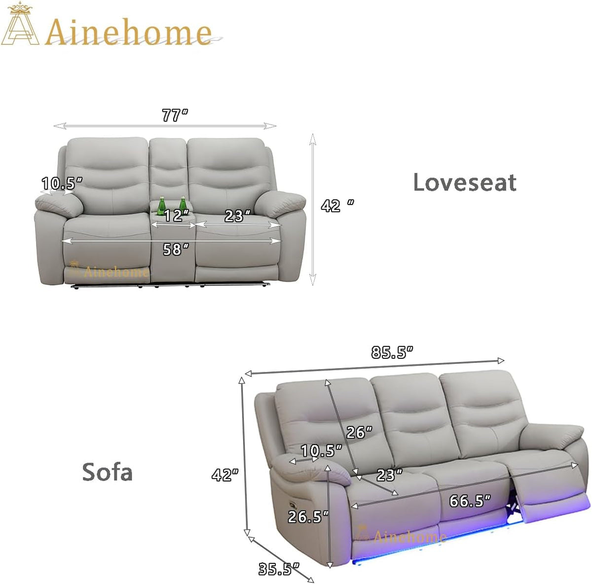LED Power Recliner Sofa Set In Grey With USB Ports