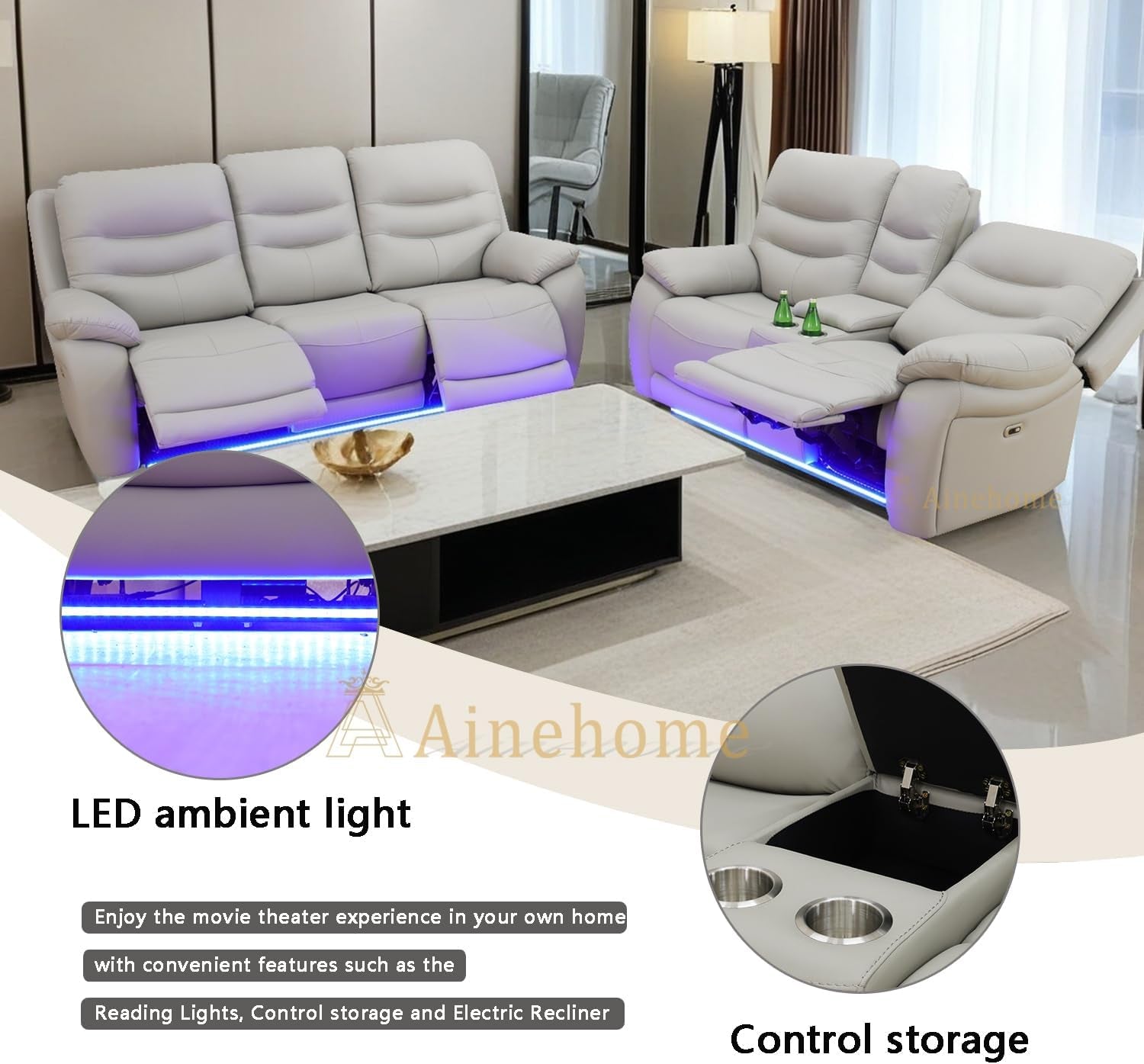 LED Power Recliner Sofa Set In Grey With USB Ports