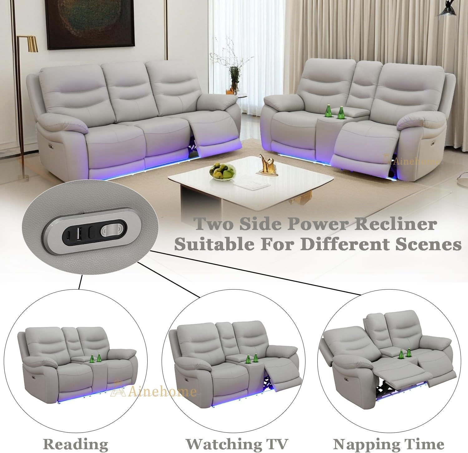 LED Power Recliner Sofa Set In Grey With USB Ports