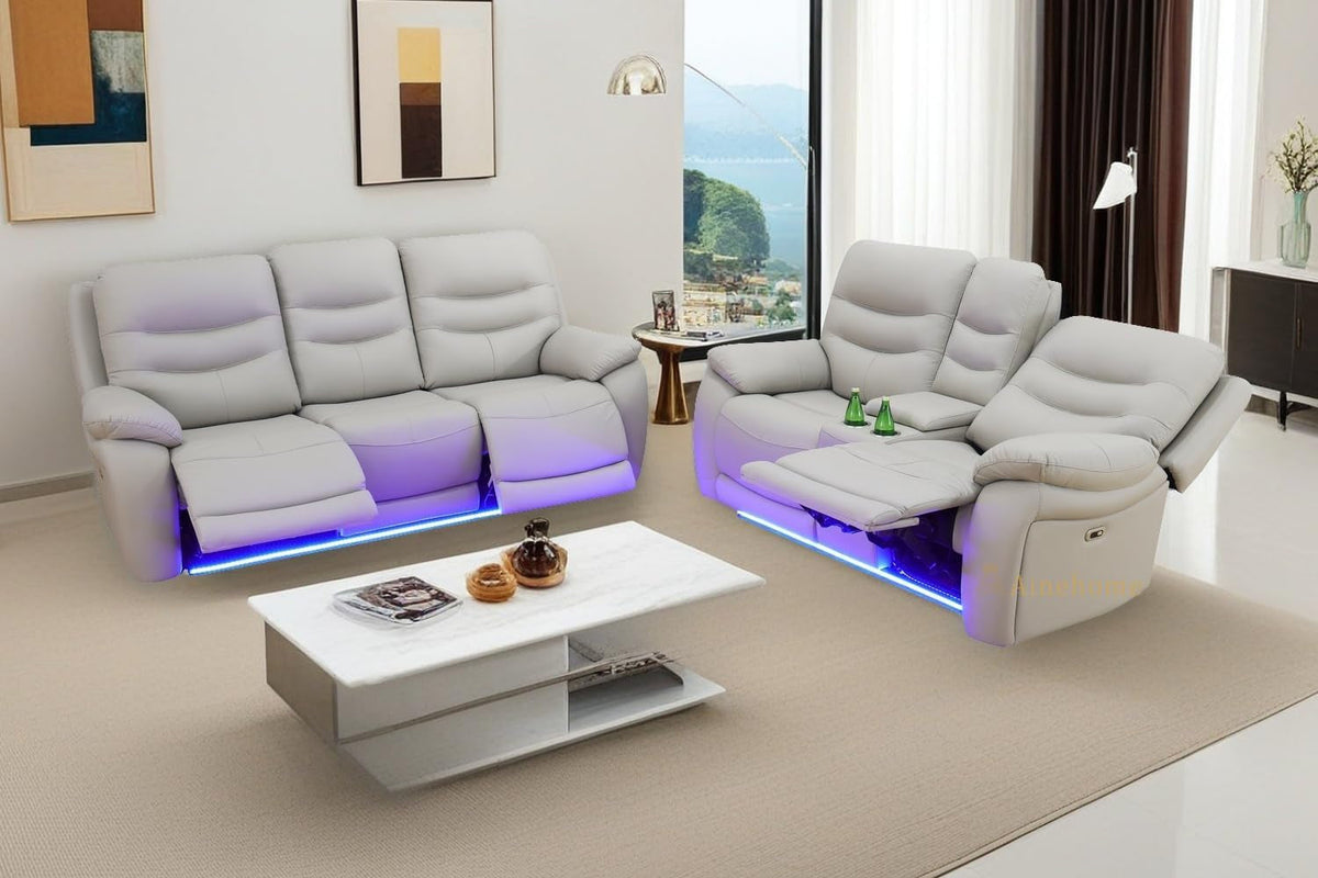 LED Power Recliner Sofa Set In Grey With USB Ports