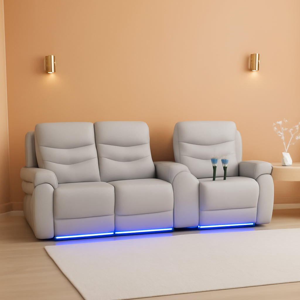 LED Power Recliner Sofa Set In Grey With USB Ports