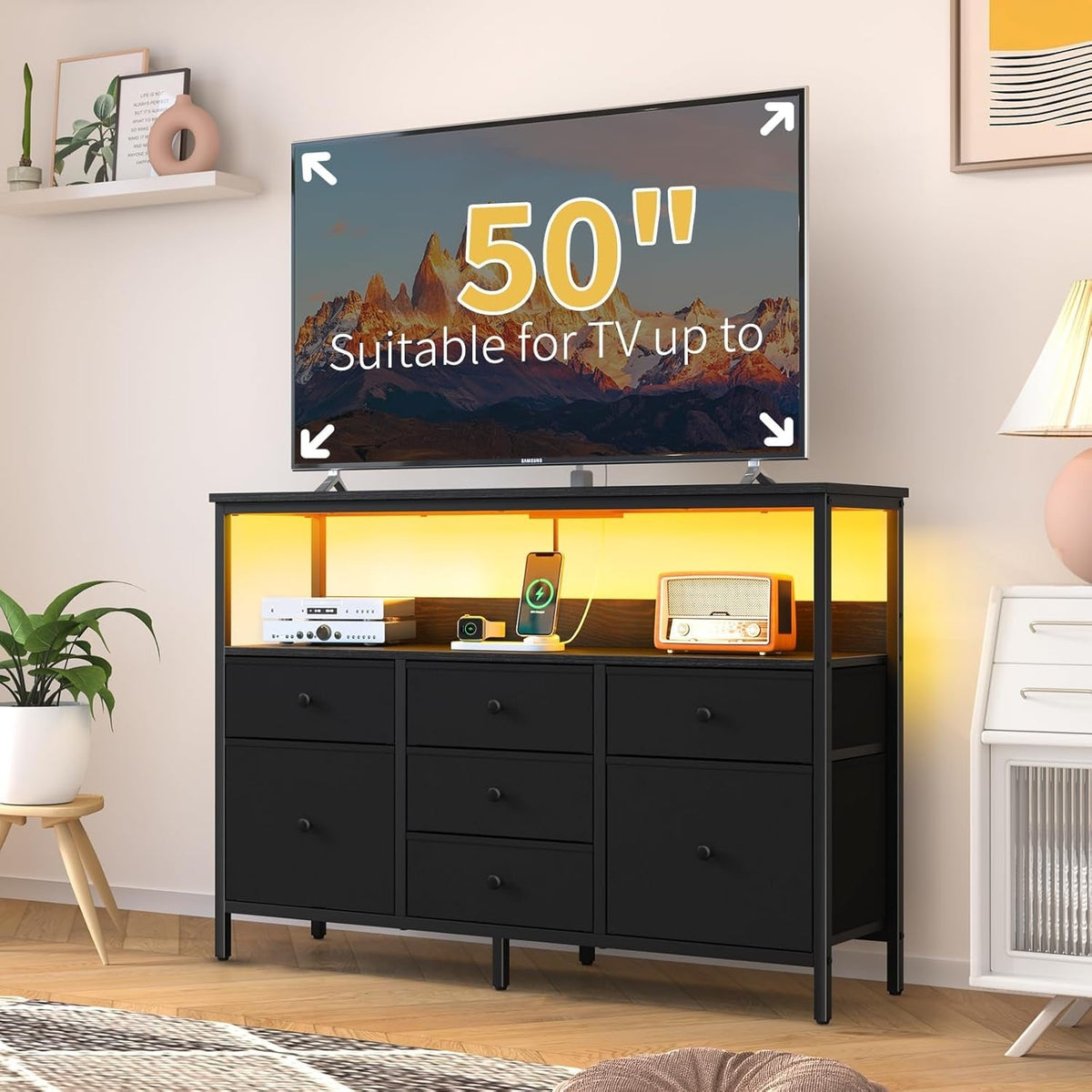 LED TV Stand Dresser With 7 Fabric Drawers For 50 Inch TVs