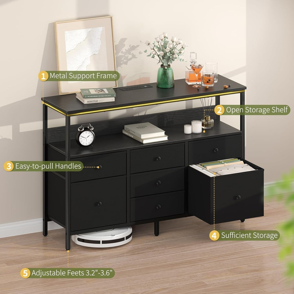 LED TV Stand Dresser With 7 Fabric Drawers For 50 Inch TVs