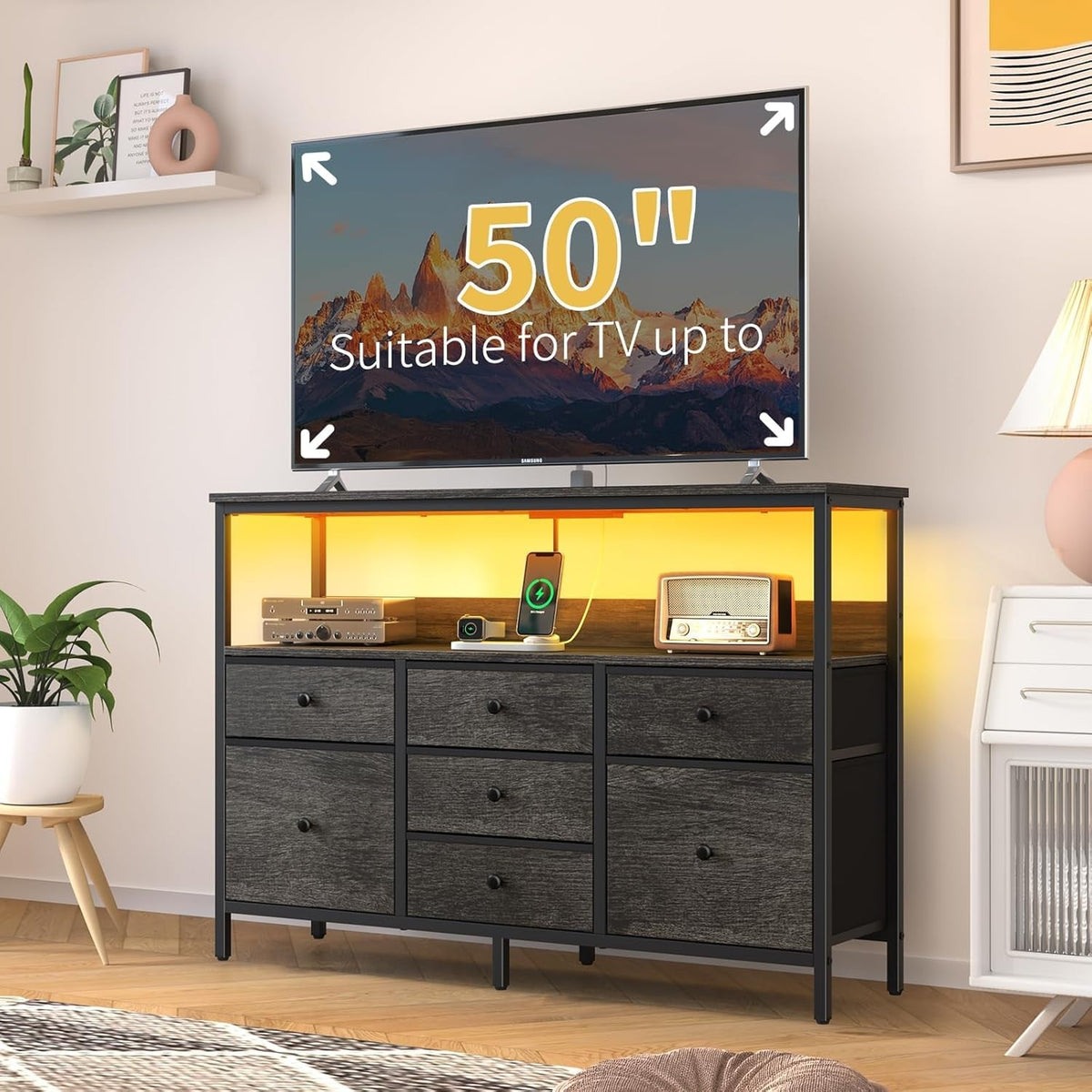 LED TV Stand Dresser With 7 Fabric Drawers Power Outlets