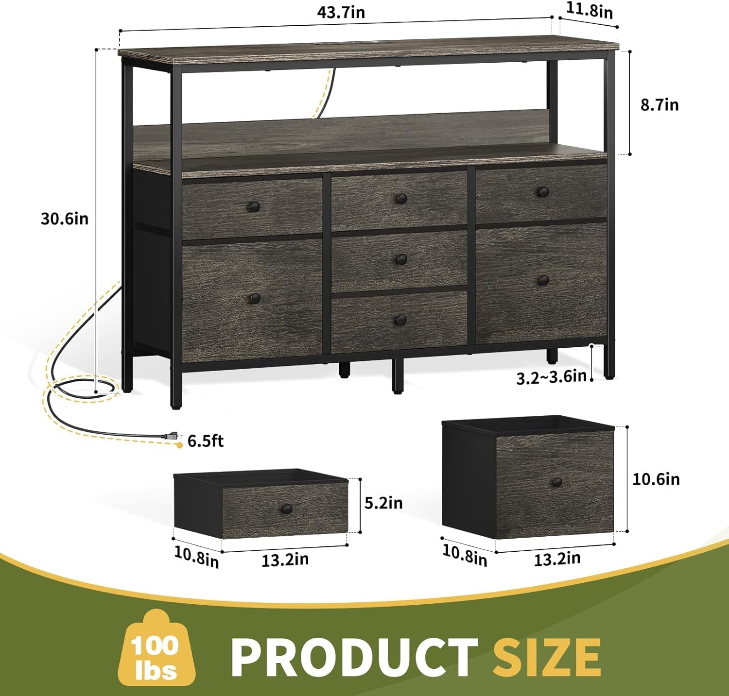 LED TV Stand Dresser With 7 Fabric Drawers Power Outlets