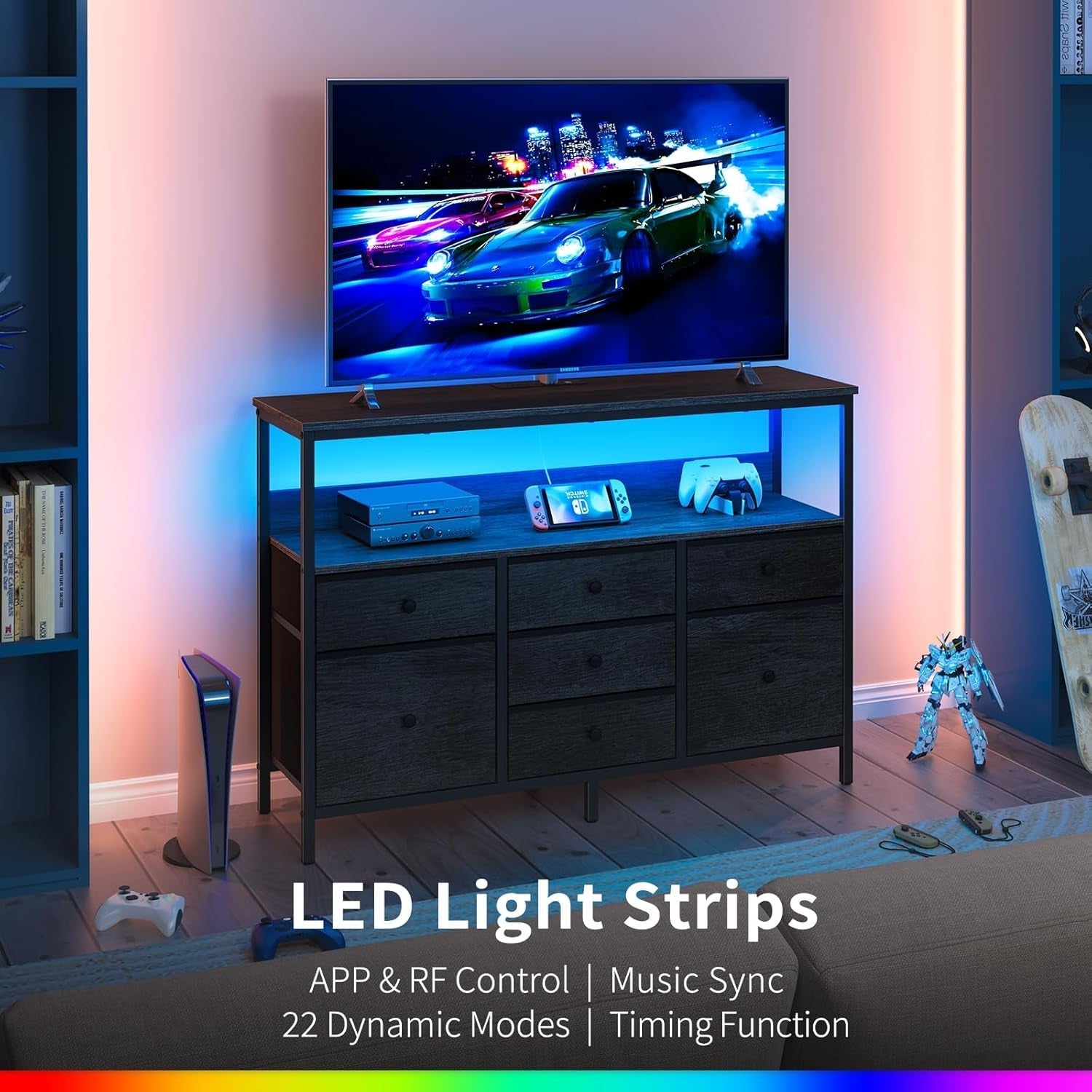 LED TV Stand Dresser With 7 Fabric Drawers Power Outlets