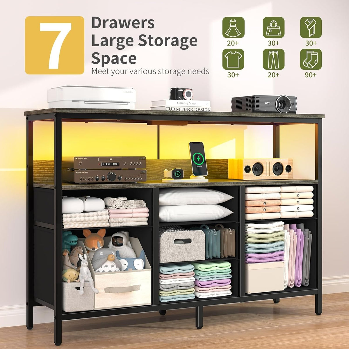 LED TV Stand Dresser With 7 Fabric Drawers Power Outlets