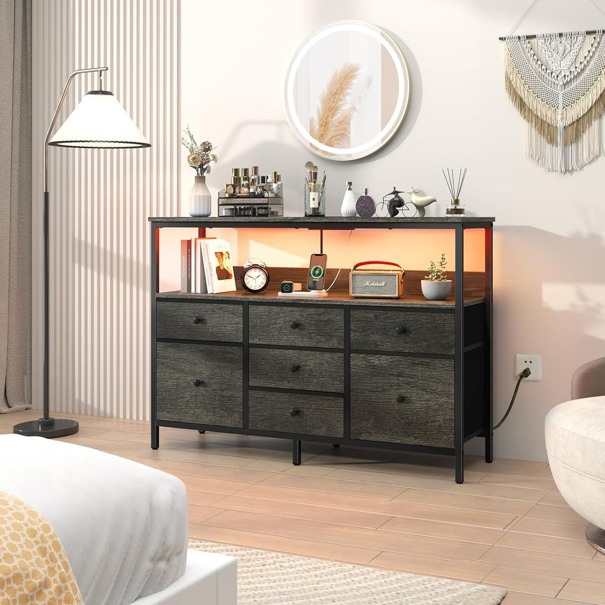 LED TV Stand Dresser With 7 Fabric Drawers Power Outlets