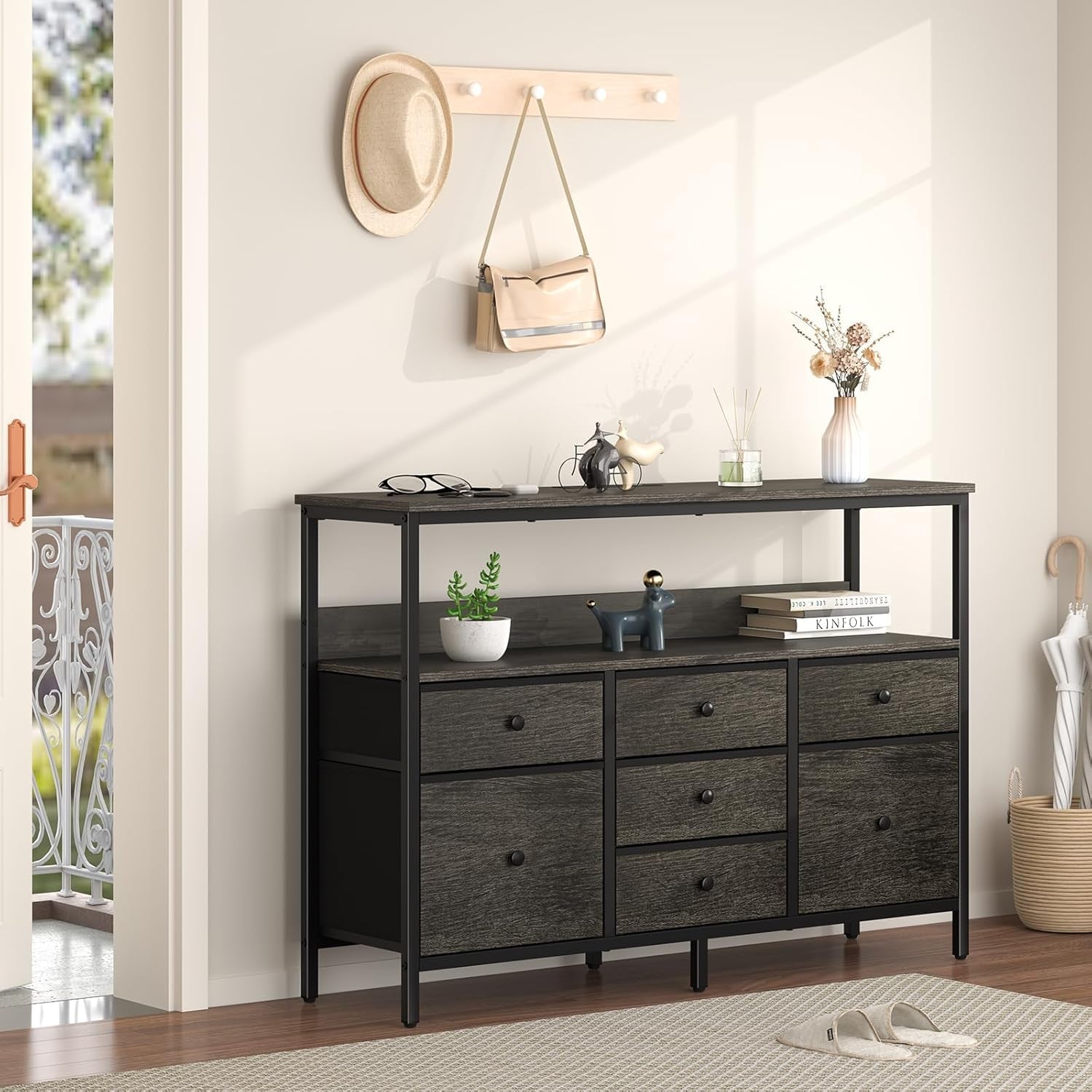 LED TV Stand Dresser With 7 Fabric Drawers Power Outlets