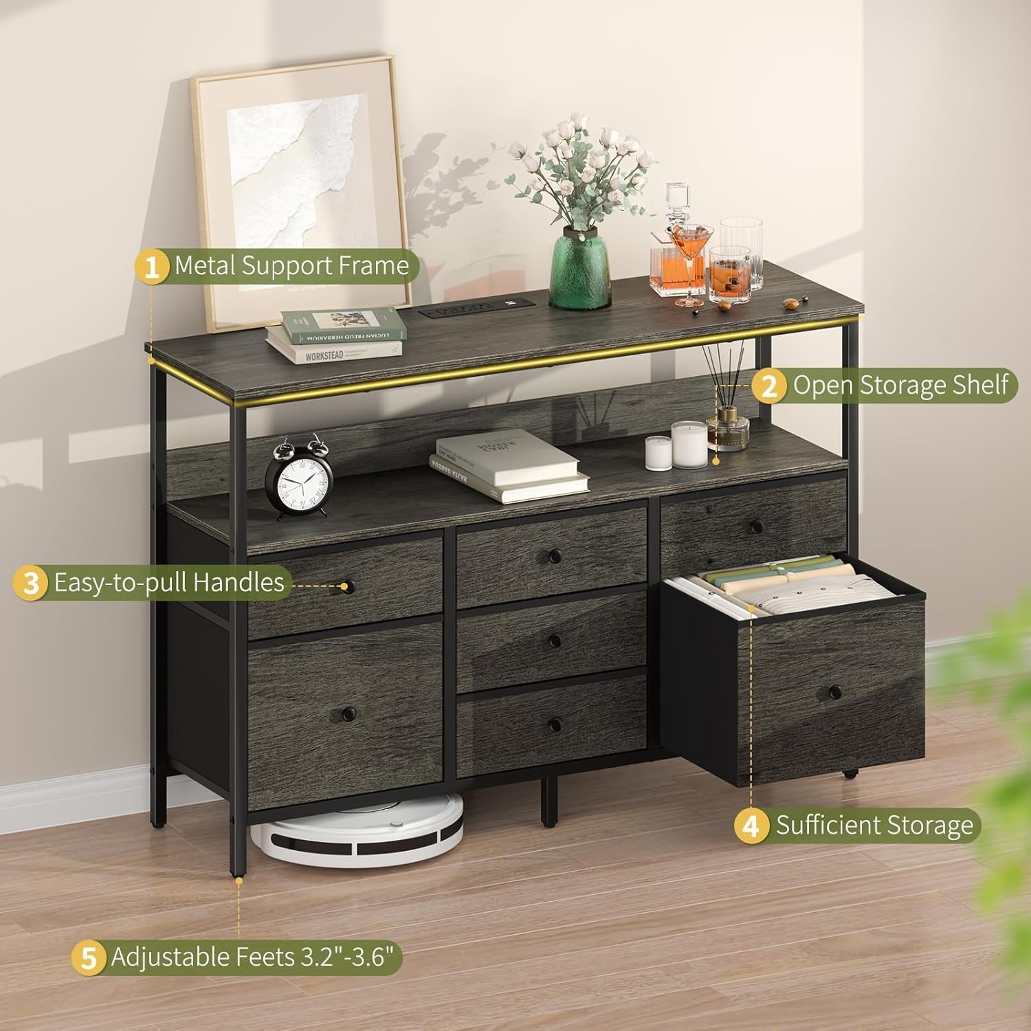 LED TV Stand Dresser With 7 Fabric Drawers Power Outlets