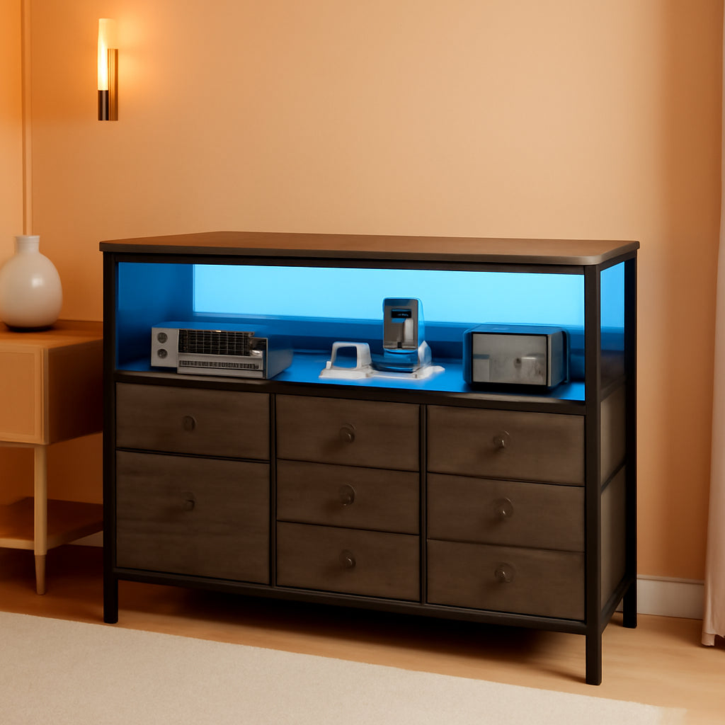 LED TV Stand Dresser With 7 Fabric Drawers Power Outlets