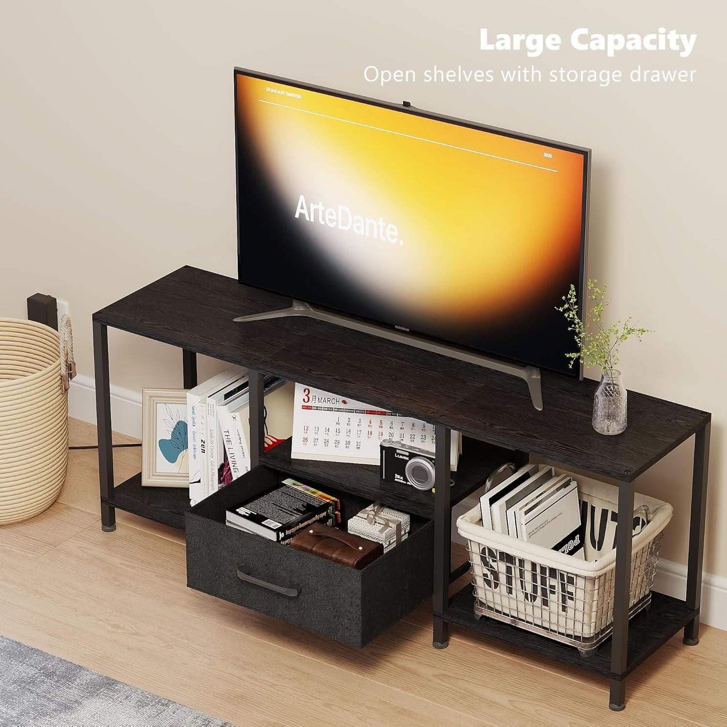 LED TV Stand For 55 Inch TVs With Open Shelves Black